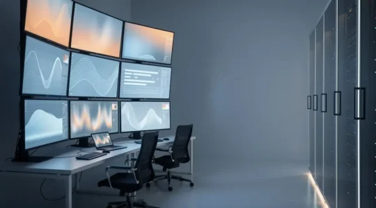 Salle de contrôle moderne avec écrans affichant des graphiques de prix dynamiques et des cartes de destinations, éclairage néon bleu