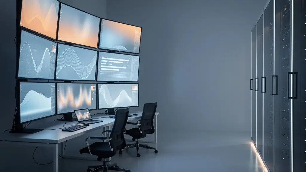 Salle de contrôle moderne avec écrans affichant des graphiques de prix dynamiques et des cartes de destinations, éclairage néon bleu