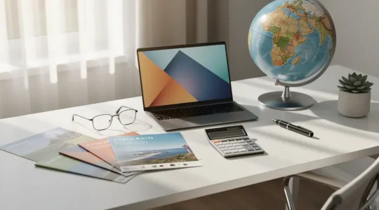 Bureau avec documents de voyage et calculatrice pour analyser les prix
