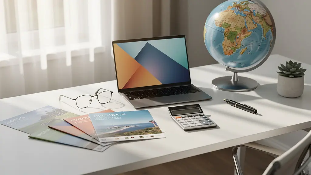 Bureau avec documents de voyage et calculatrice pour analyser les prix