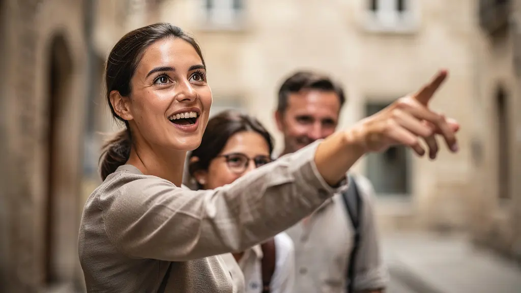 Greeter passionné montrant avec enthousiasme une ruelle cachée de sa ville à un petit groupe de visiteurs