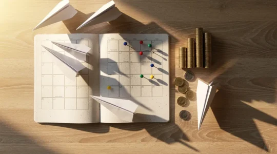 Vue aérienne d'un calendrier interactif avec des épingles colorées marquant différentes dates de voyage et des billets d'avion