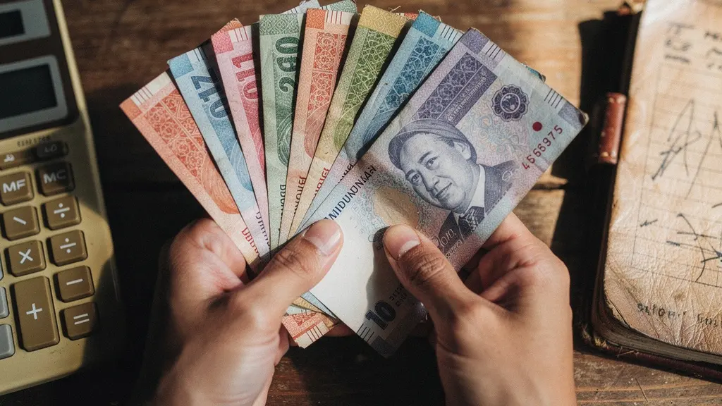 Mains tenant des billets de roupies indonésiennes avec calculatrice et carnet de notes