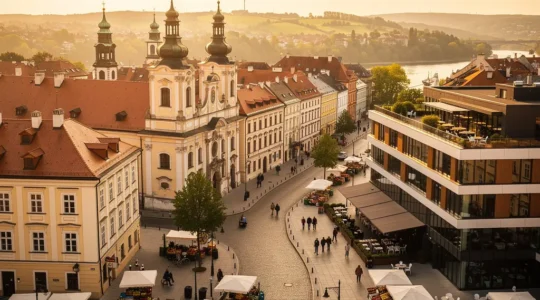 Vue aérienne d'une capitale d'Europe de l'Est avec architecture historique et cafés animés