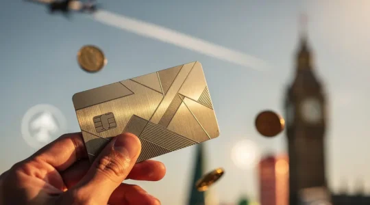 Une main tenant une carte bancaire devant un paysage de voyage international avec des symboles d'économies et d'assurances