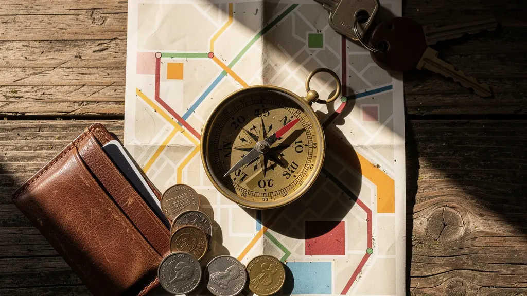 Composition minimaliste montrant des éléments de voyage disposés autour d'une carte routière abstraite