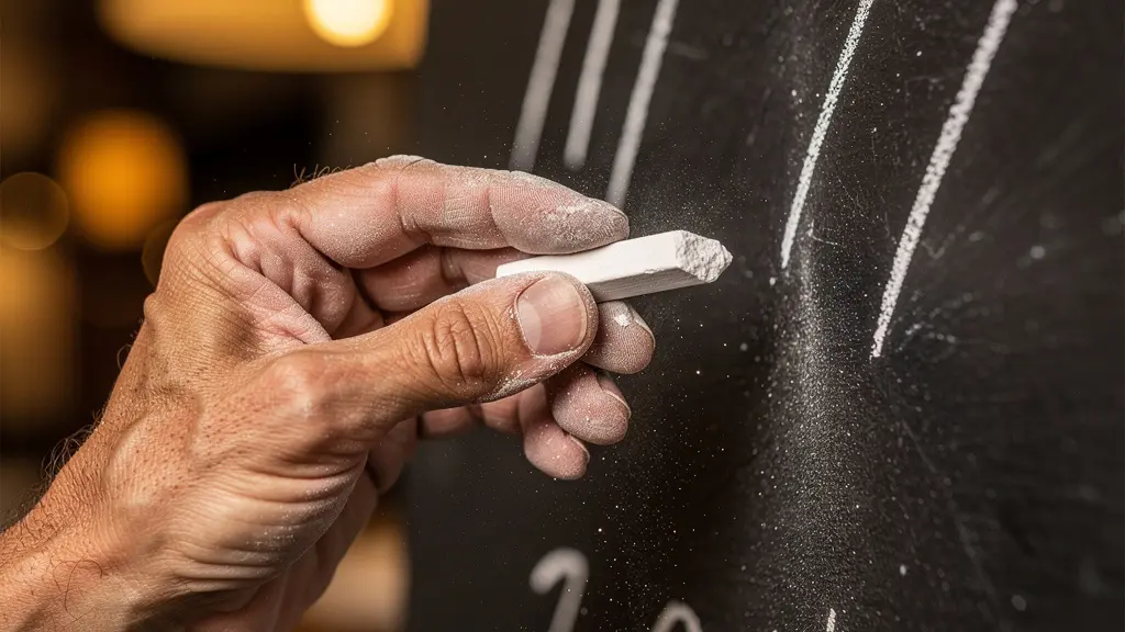 Gros plan sur une main de chef écrivant le menu du jour à la craie sur une ardoise