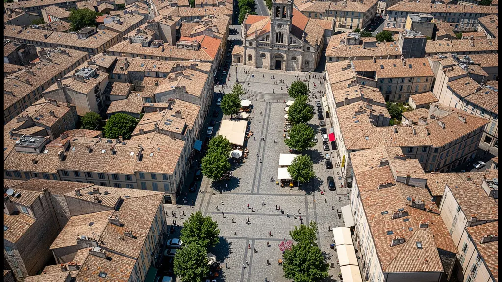 Vue aérienne d'un centre-ville historique compact avec places reliées par des ruelles piétonnes, terrasses de café animées