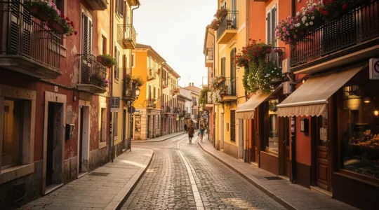 Ruelle pavée pittoresque d'une ville secondaire européenne avec façades colorées et balcons fleuris baignés de lumière dorée