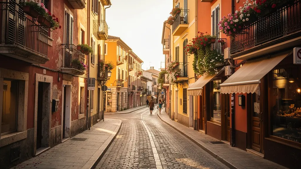 Ruelle pavée pittoresque d'une ville secondaire européenne avec façades colorées et balcons fleuris baignés de lumière dorée