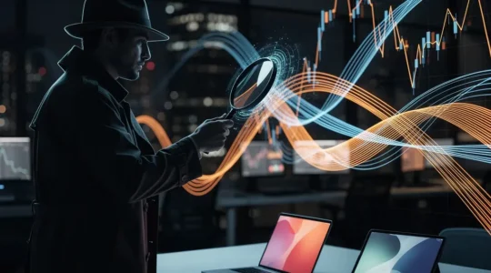 Détective numérique analysant des écrans de données de prix avec une loupe, ambiance nocturne