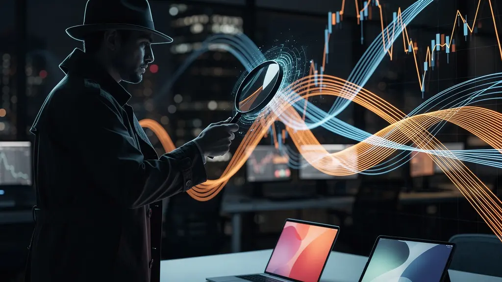 Détective numérique analysant des écrans de données de prix avec une loupe, ambiance nocturne