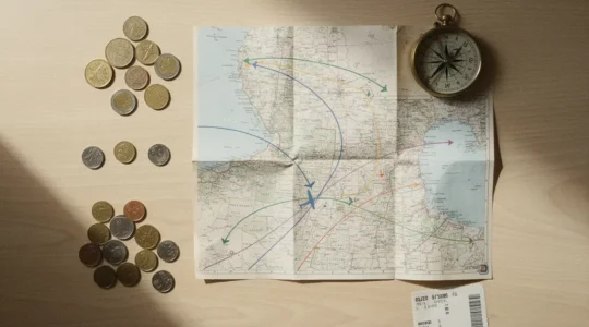 Voyageur analysant des cartes et itinéraires aériens pour optimiser ses trajets