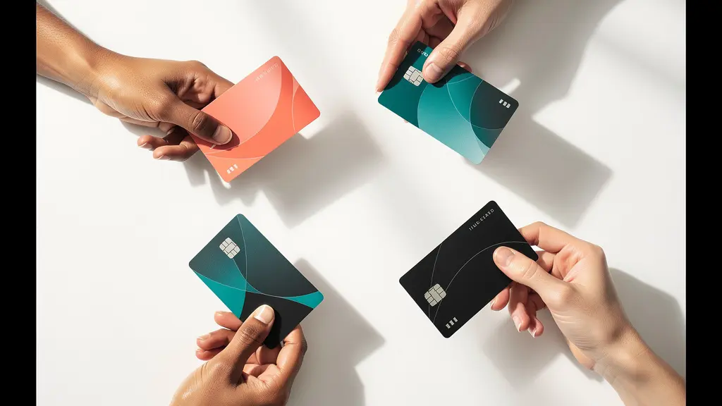 Mains tenant plusieurs cartes bancaires de différentes couleurs représentant les néobanques