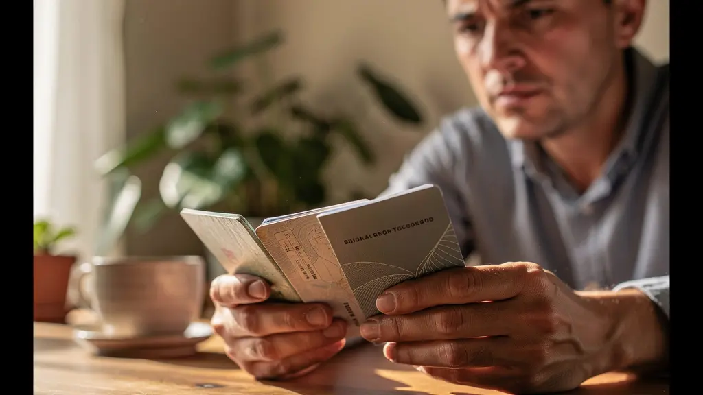 Personne comparant plusieurs documents de voyage sur une table pour sa lune de miel