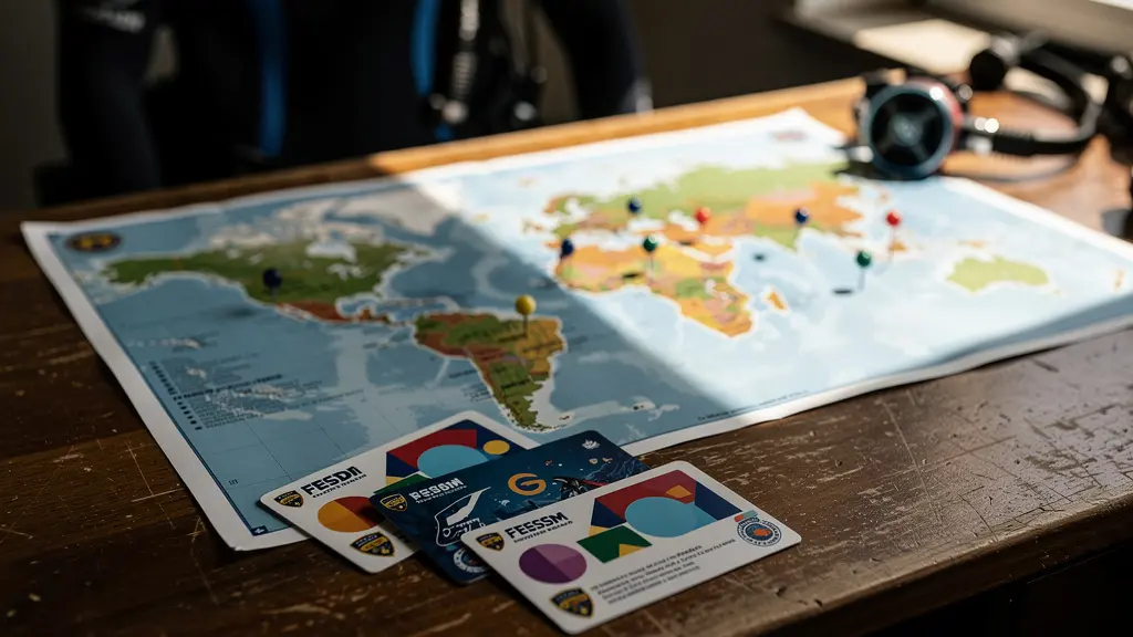 Plongeur examinant des documents de certification avec équipement de plongée et carte du monde en arrière-plan