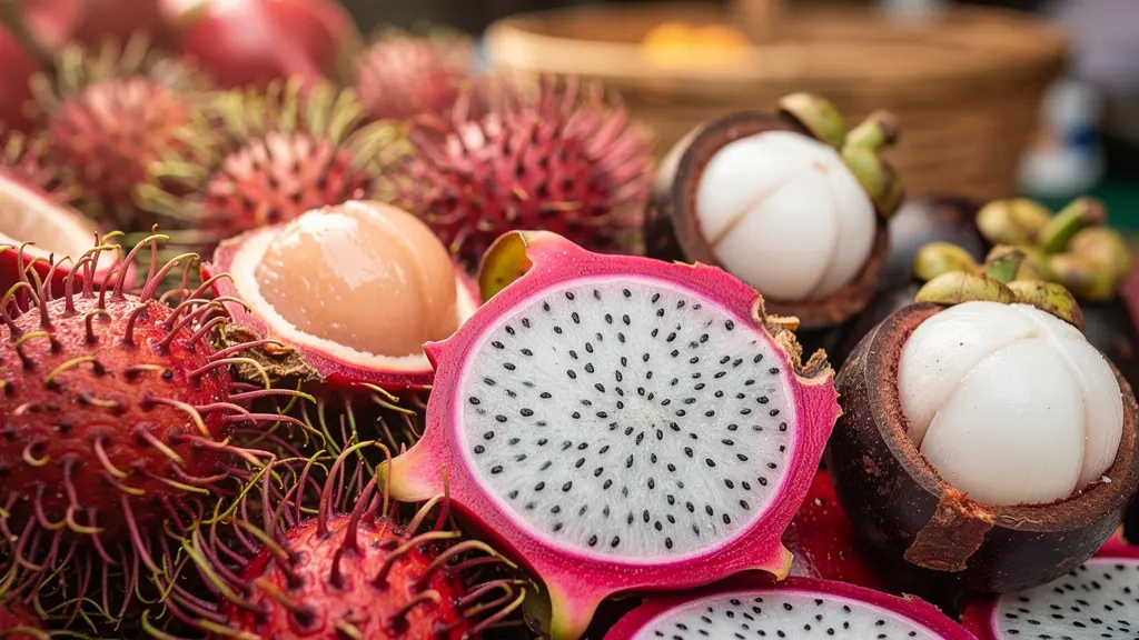 Marché vietnamien coloré avec étals de fruits et légumes au premier plan
