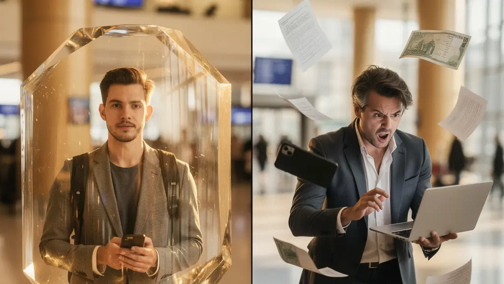 Comparaison visuelle entre voyageur protégé par forfait et voyageur avec achats séparés face aux aléas