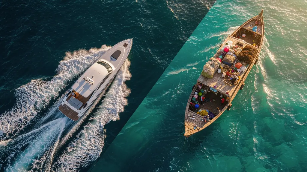 Vue aérienne montrant un speedboat moderne et un ferry traditionnel naviguant dans le détroit de Lombok