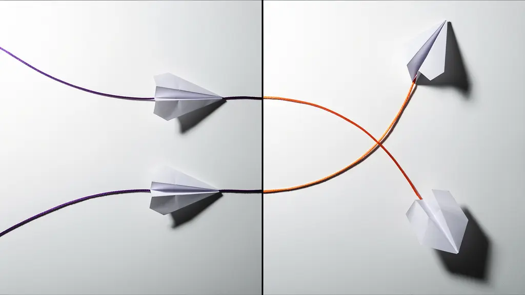 Composition symbolique montrant deux chemins de voyage différents avec des avions en papier
