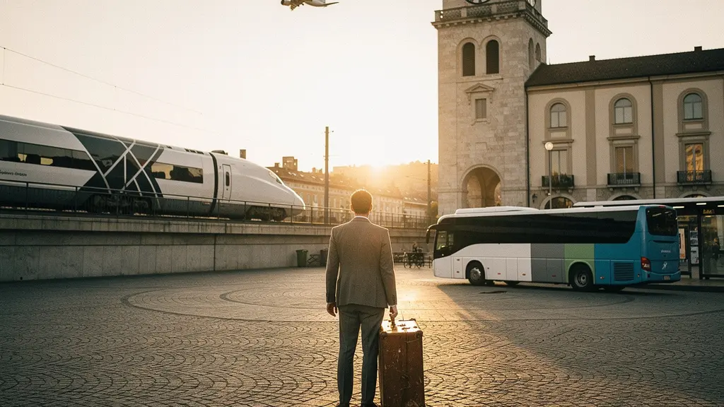 Voyageur observant simultanément un train rapide, un avion et un bus moderne sur une place européenne avec carte et valise