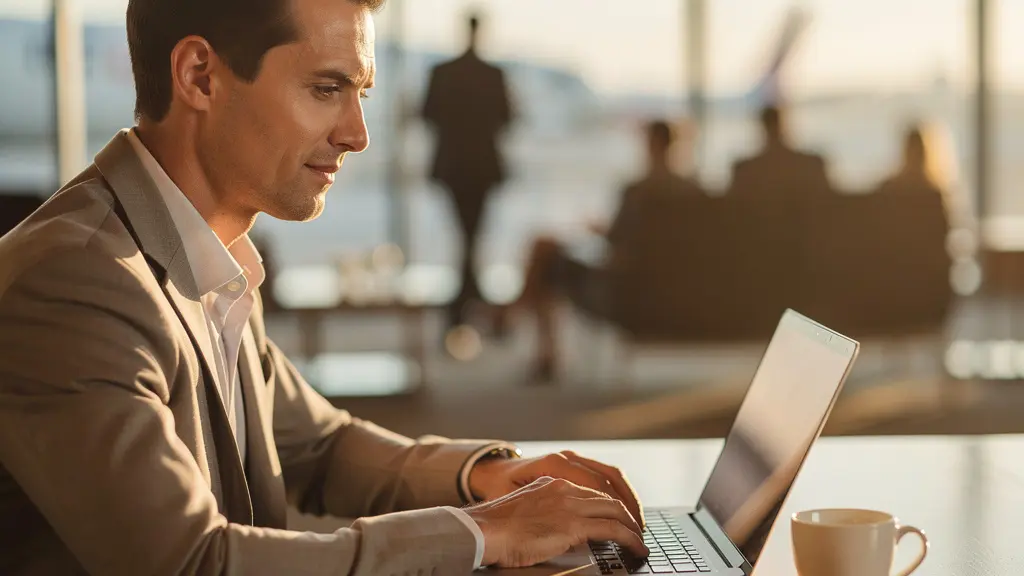 Consultant travaillant dans un salon d'aéroport paisible en milieu de semaine