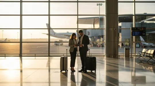 Voyageurs d'affaires dans un terminal d'aéroport moderne analysant stratégiquement les horaires de vols