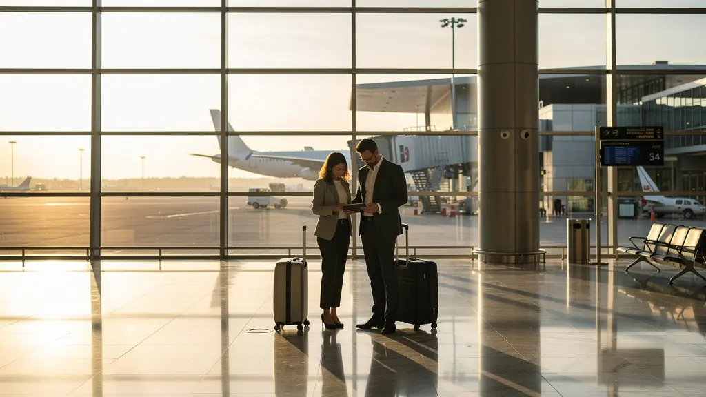 Voyageurs d'affaires dans un terminal d'aéroport moderne analysant stratégiquement les horaires de vols
