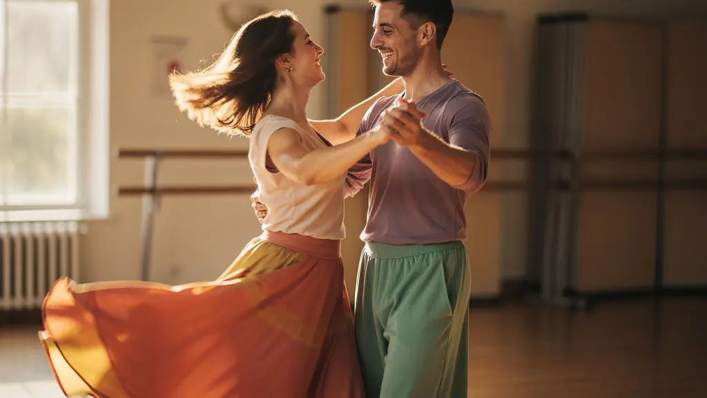 Couple de danseurs de salsa en mouvement circulaire avec énergie festive