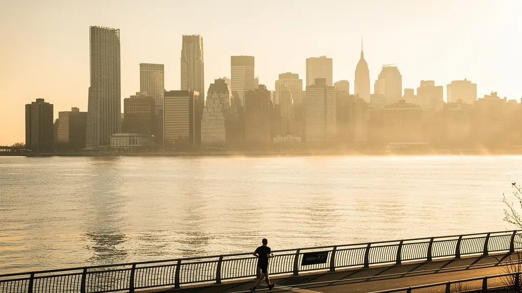 Un coureur matinal longeant la Hudson River Greenway avec la skyline de Manhattan en arrière-plan au lever du soleil