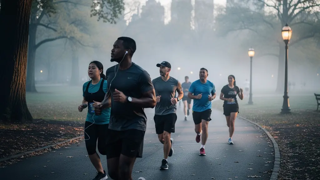 Groupe de coureurs traversant Central Park dans la brume matinale avec les gratte-ciels en silhouette