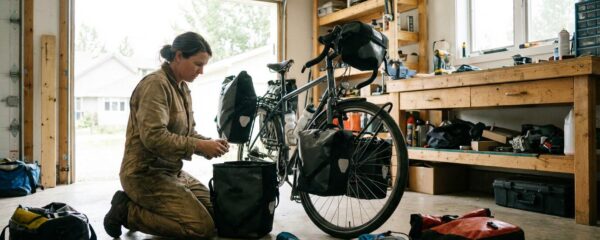 Cycliste préparant ses accessoires de voyage vélo dans un garage lumineux