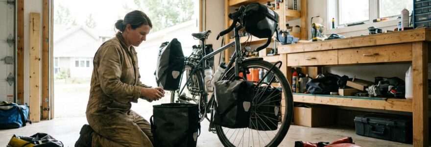 Cycliste préparant ses accessoires de voyage vélo dans un garage lumineux
