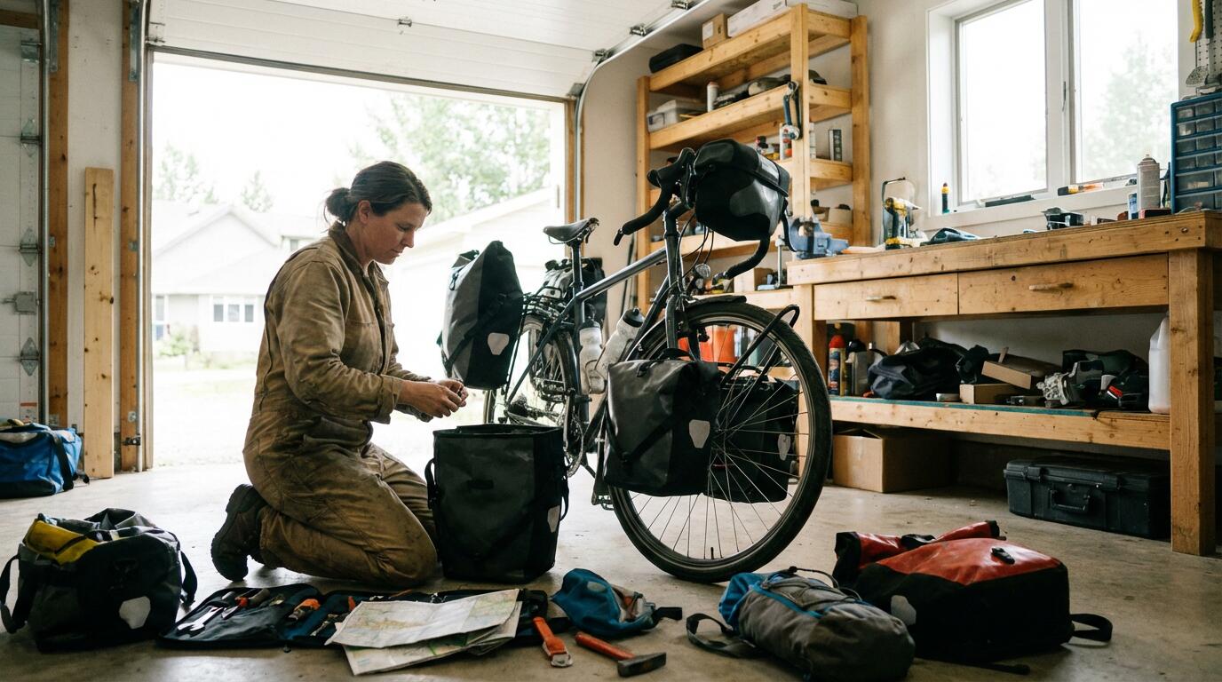 Cycliste préparant ses accessoires de voyage vélo dans un garage lumineux