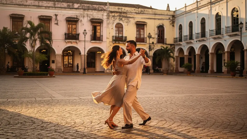 Couple dansant la salsa sur une plaza latino-américaine au coucher du soleil