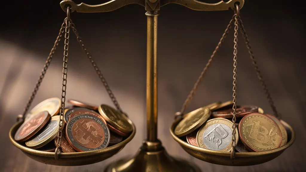 Balance vintage en équilibre avec différentes pièces de monnaie du monde