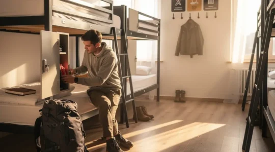 Vue d'un dortoir lumineux d'auberge de jeunesse avec lits superposés et voyageurs organisant leurs affaires