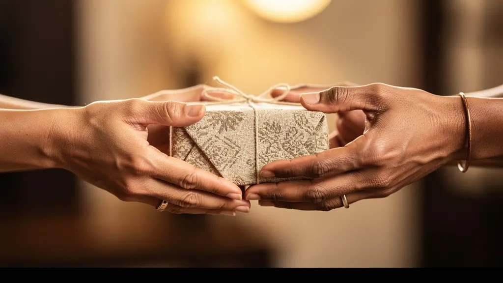 Gros plan sur un échange respectueux de cadeau entre mains de différentes origines culturelles