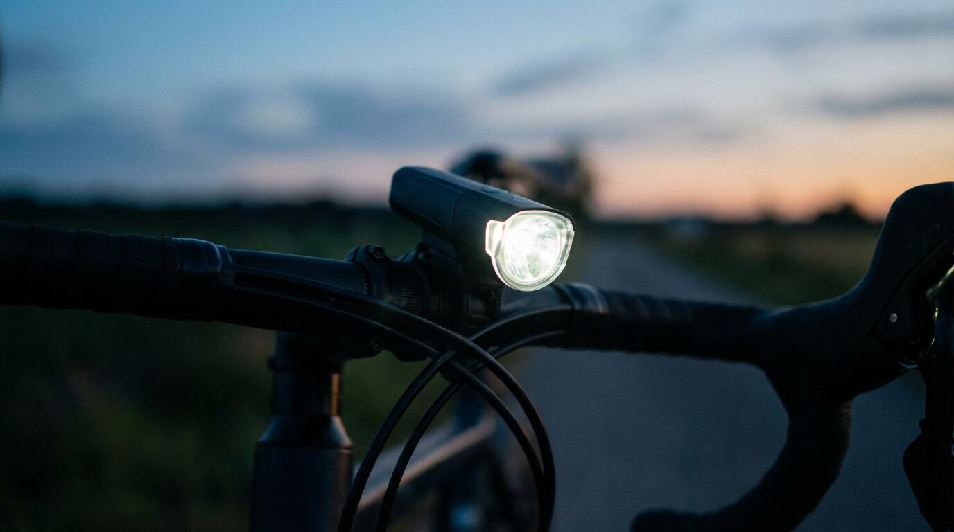 Éclairage LED vélo allumé sur guidon au crépuscule pour sécurité cycliste
