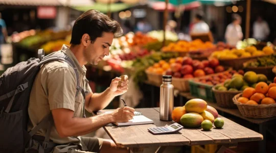 Voyageur calculant son budget dans un marché local coloré