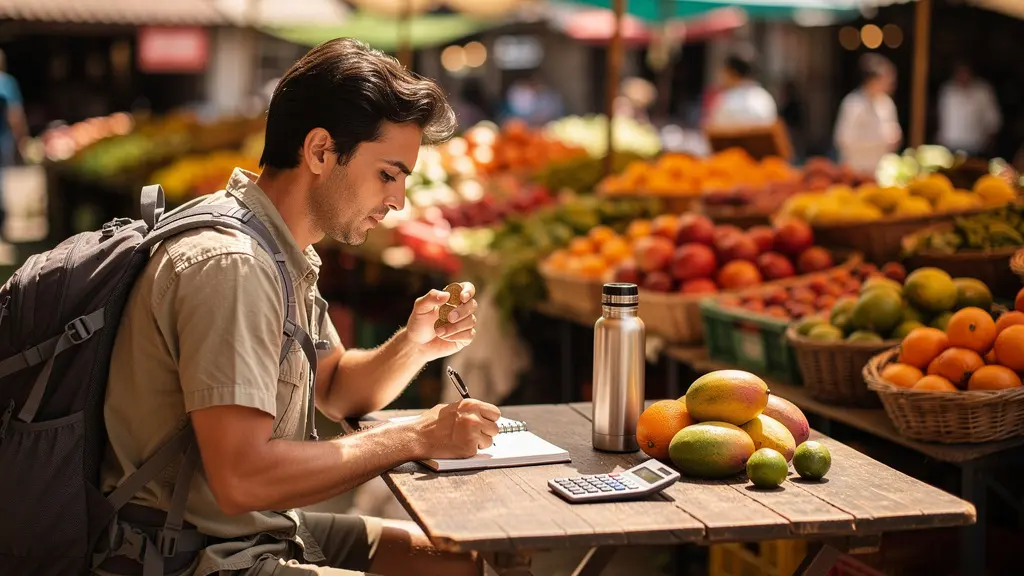Voyageur calculant son budget dans un marché local coloré