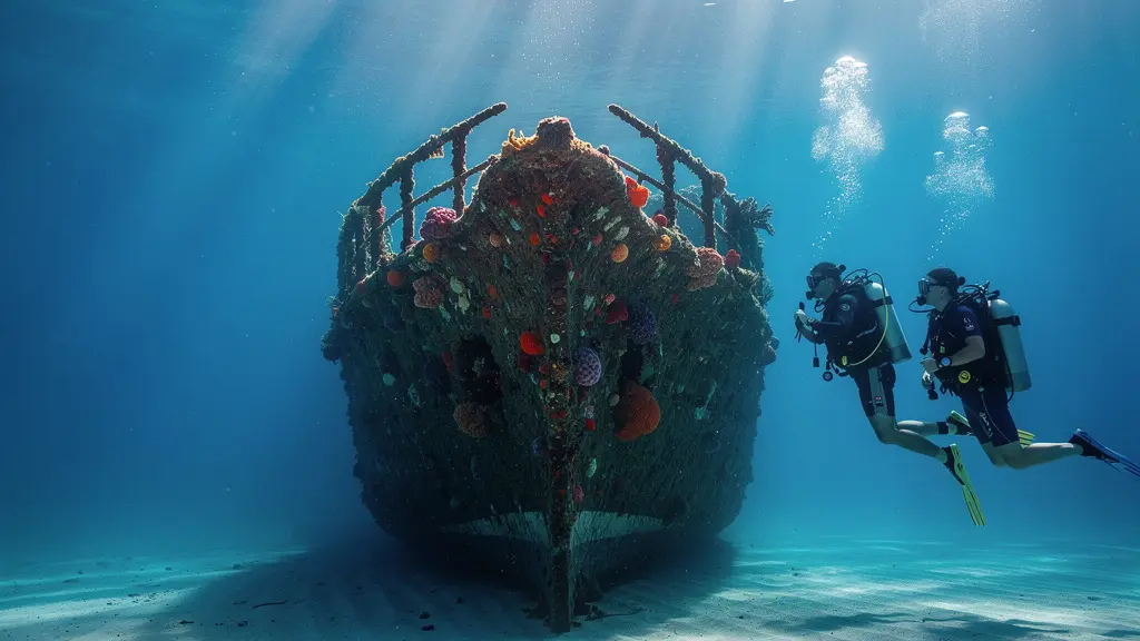 Épave de bateau colonisée par la vie marine avec plongeurs observant à distance sécuritaire