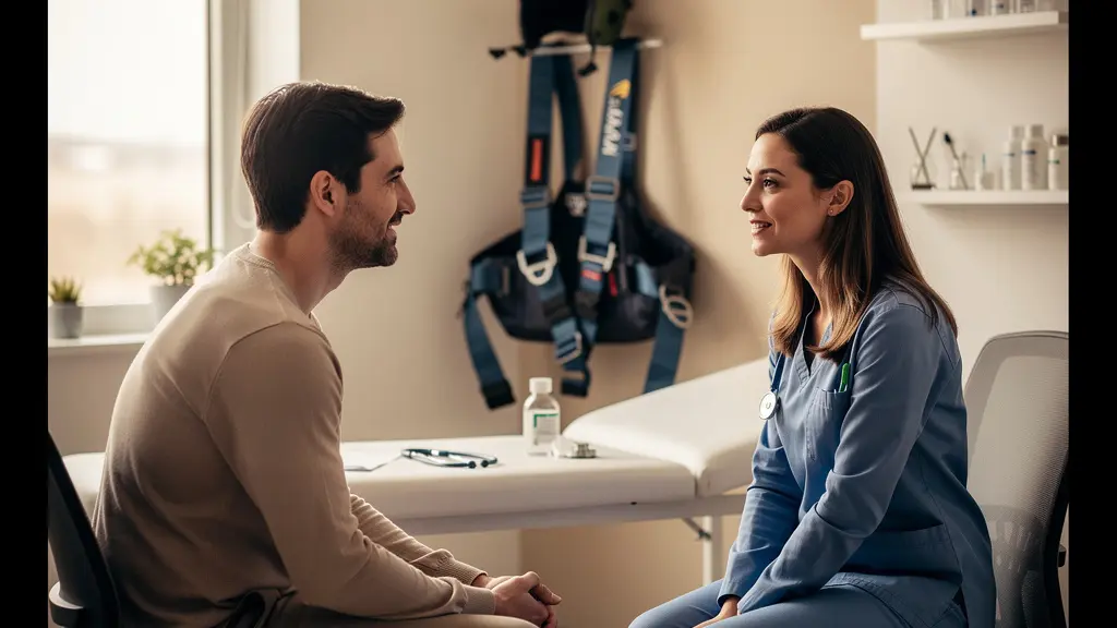 Personne en consultation médicale avec des équipements de vol en arrière-plan, symbolisant le bilan de santé avant une activité aéronautique.