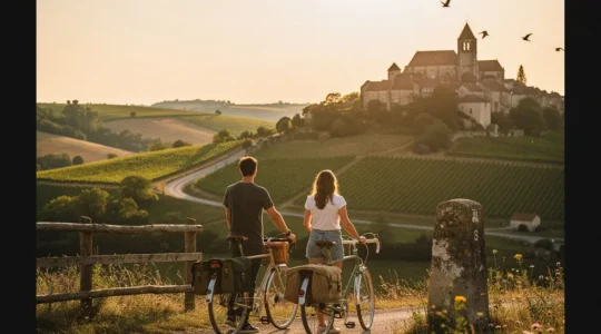 Couple découvrant un village perché à vélo avec vue sur la campagne française au coucher du soleil