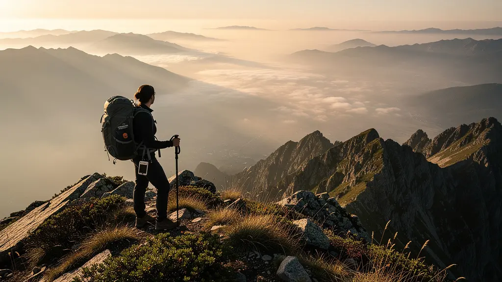 Explorateur en région montagneuse isolée au coucher de soleil avec équipement de sécurité