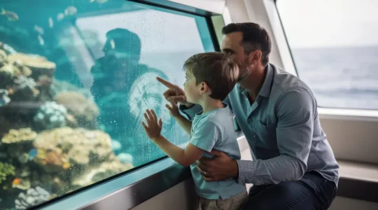 Famille avec enfants observant les fonds marins depuis un bateau d'excursion en mer
