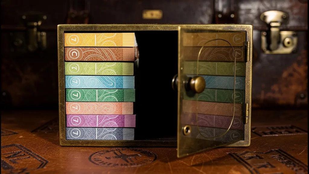 Coffre-fort entrouvert révélant des billets de différentes devises dans une lumière douce