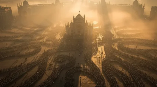 Vue aérienne d'une foule dense de visiteurs formant des lignes serpentines devant un monument historique au lever du soleil