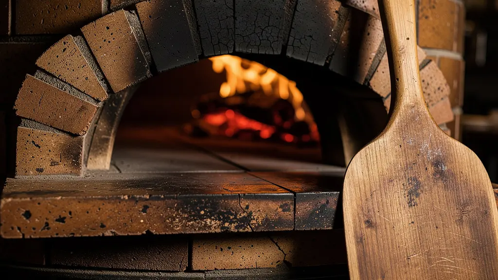 Four à pizza traditionnel en briques avec feu de bois visible et pelle à pizza