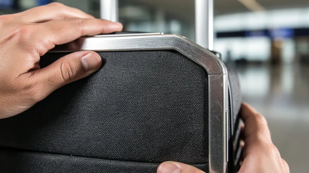 Gros plan sur un bagage cabine dans un gabarit métallique à l'aéroport avec des mains ajustant la position